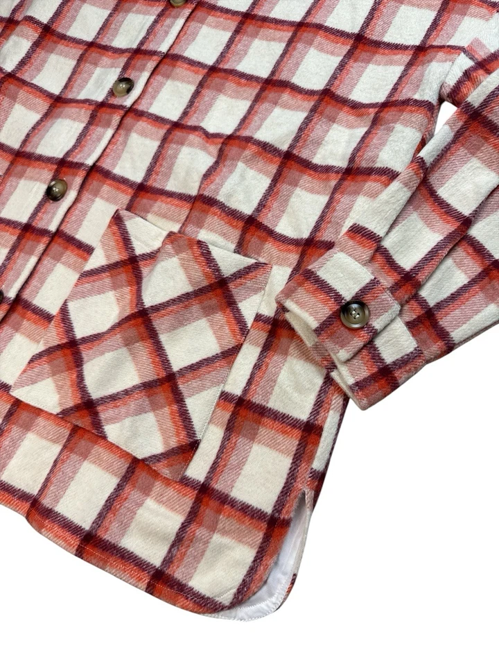 Pink Lily Plaid Flannel Shacket Jacket Cream Burgundy Plaid Button Front Lined M - Image 3 of 4