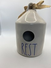 Rae Dunn Ceramic Birdhouse With Burlap Bow  "Rest" Text Blue