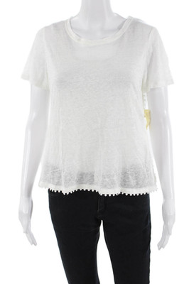 Majestic Filatures Womens Linen Pom-pom Detail Scoop Neck Tee Top White Size 1