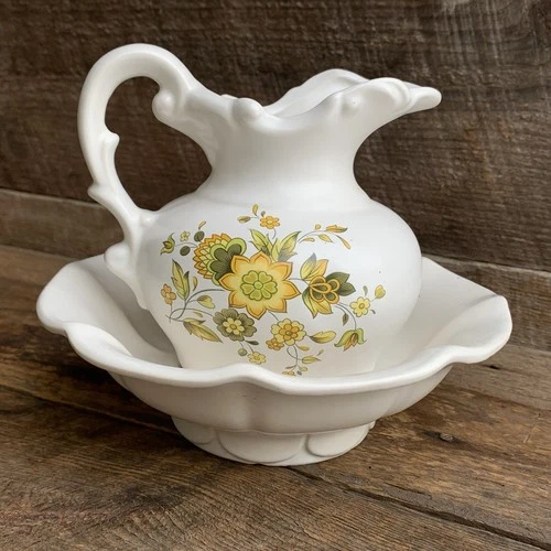McCoy Pottery White Pitcher Vase & Basin Yellow Flowers Ceramic Tablescaping