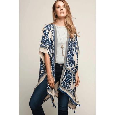 Macchia di Ruggine Blue Creme Floral Diamond Pom Pom Kimono Wrap OS Boho Coastal