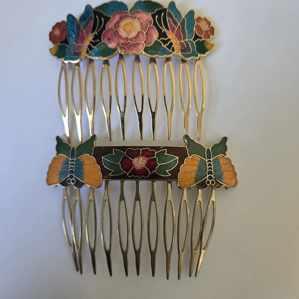 Juego de 2 peines de pelo vintage cloisonné esmalte colorido floral mariposa Foto 3 de 4