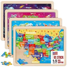 Large US World Earth Solar System Wooden Puzzles for Kids Gift Box 12.2  9.4