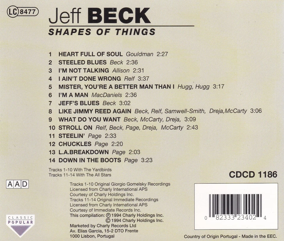 Jeff Beck - Shapes Of Things - Audio CD Compilation 1994 Charly Records CD 1186 - Bild 3 von 3