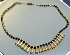 Vintage Necklace Egyptian Revival Gold Tone Metal Black Faceted Glass 50'