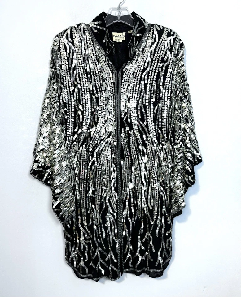 Chaqueta de Vestir Swee Lo Vintage Y2K Lentejuelas Cuentas 100% Cuello Seda 8-10 OS/L Foto 3 de 4