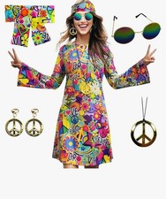 Hippie Costume Set Women Large Disco Earrings Necklace Headband Dress Peace Love