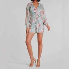 Express Floral Long Sleeve Pleated Wrap Front Romper Size XS NWT
