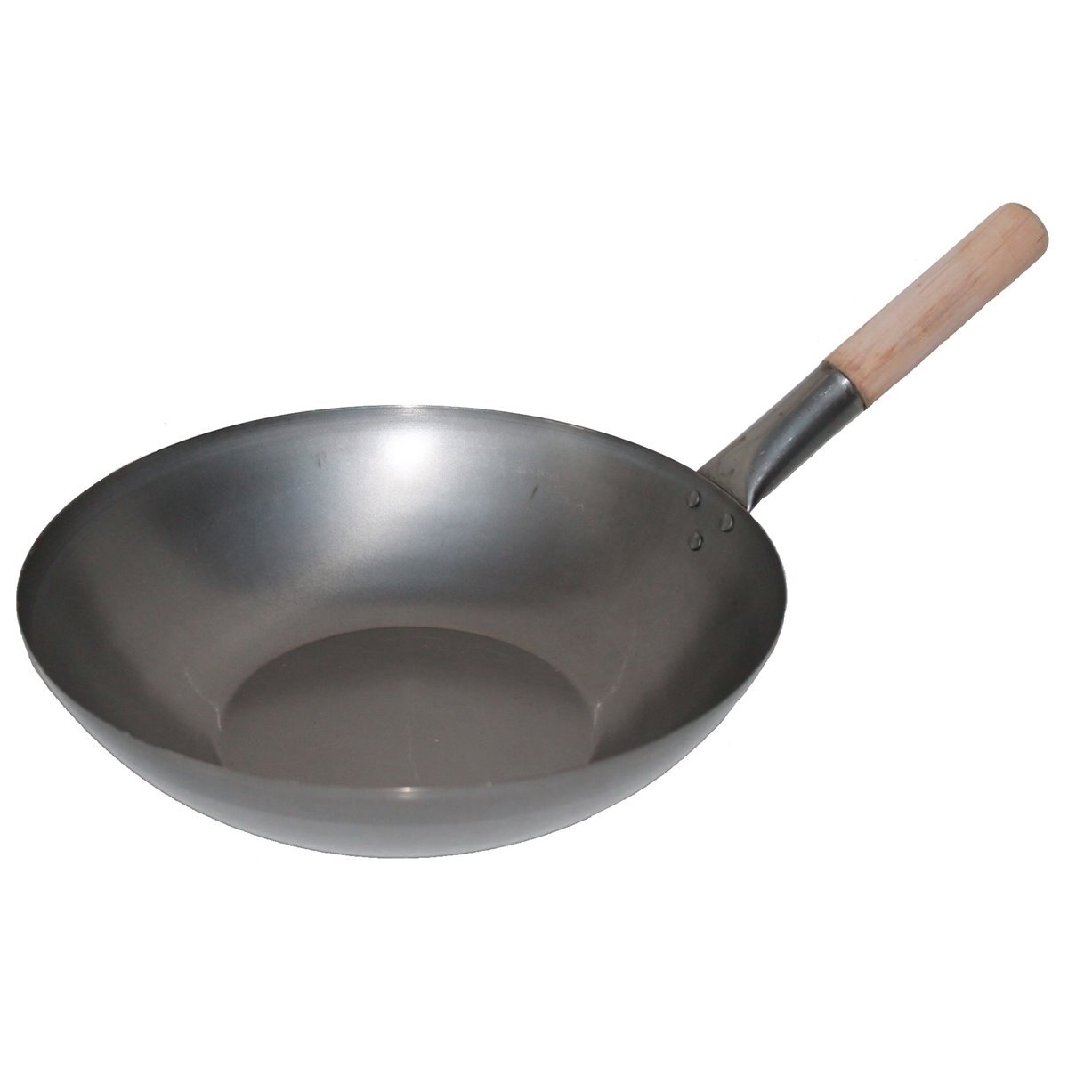 Wok Pfanne 35 cm Ø China Gastronomie flacher Boden Carbon Stahl Holzgriff Gas He