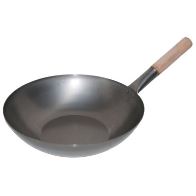 Wok Pfanne 35 cm Ø China Gastronomie flacher Boden Carbon Stahl Holzgriff Gas He