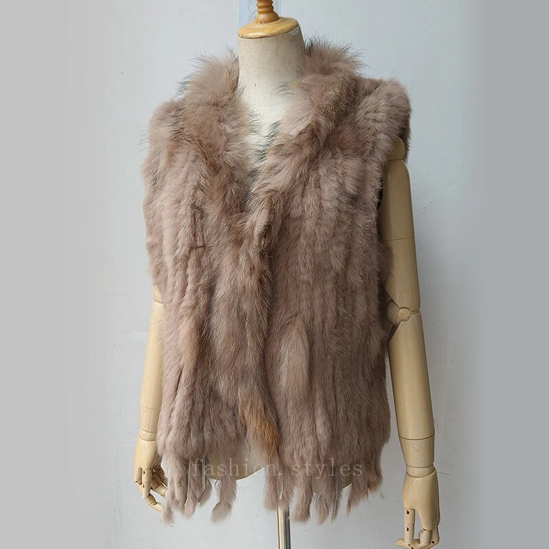 Moda Dama Conejo Real Clásico Tejido Piel Chaleco Cuello Mapache Chaleco Mujer Foto 4 de 4