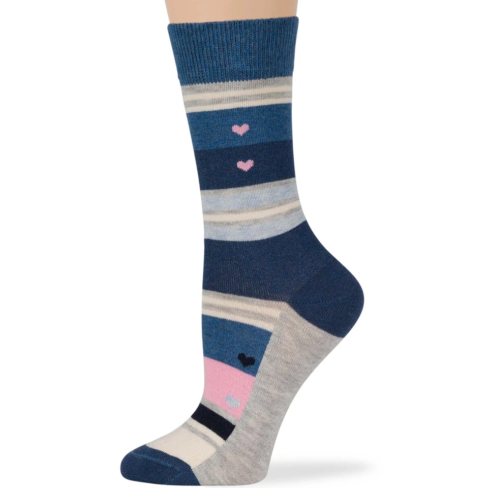 Women Cotton Crew Socks-4 Pack Medium- Heart-Stripe -Denim Blue Pink Grey - Image 3 of 4