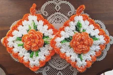 New "2" Handmade Crocheted Irish Rose Potholders Orange White & Green Ivy