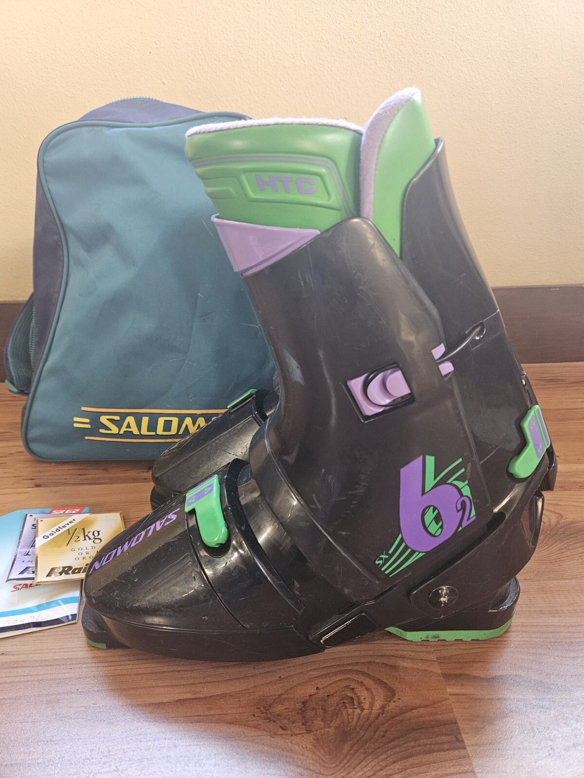 Stivali da sci vintage Salomon SX62 HTC ingresso posteriore da uomo taglia 360 anni '80 con borsa da trasporto