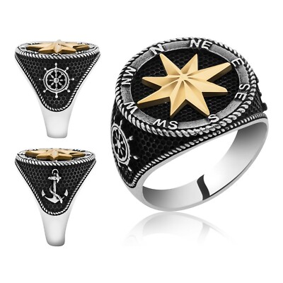 Solid 925 Sterling Silver Anchor Sailor Compass Rudder Men Ring
