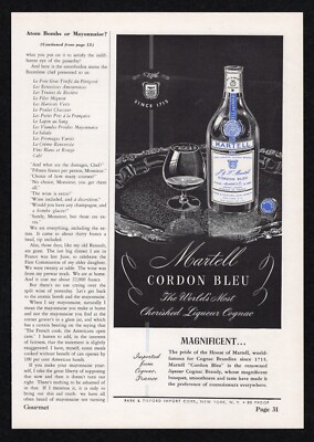 1948 Martell Cordon Bleu Worlds Most Cherished Liqueur Cognac Bouquet Print Ad