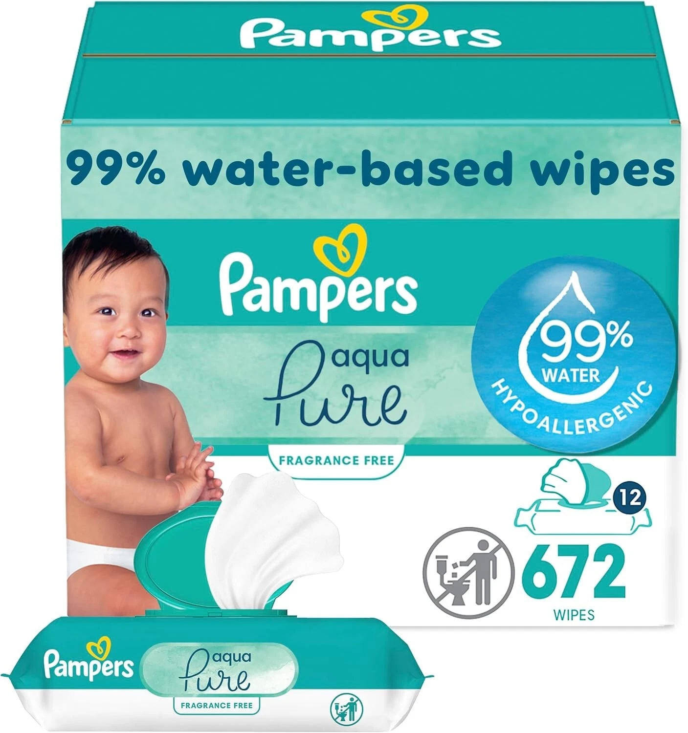 Pampers Aqua Pure Sensitive Baby Wipes 99% Water 672 Wipes Total