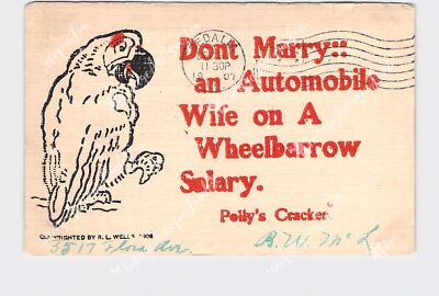PPC Postcard Comic Polly's Cracker Don't Marry An Automobile Wife On A Whellbarr