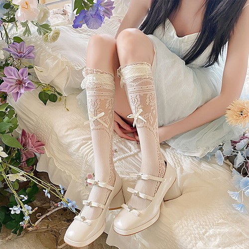 Sweet Lolita Bow Socks Lace Calf Socks Summer Mary Jane Stretch Fishnet Stocking