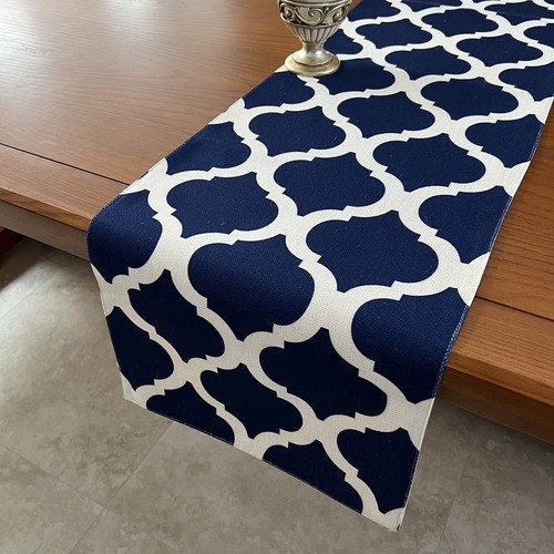 Navy Nautical Cotton Linen Table Runner Printed Geometric Tabletop Home Decor - Picture 12 of 16