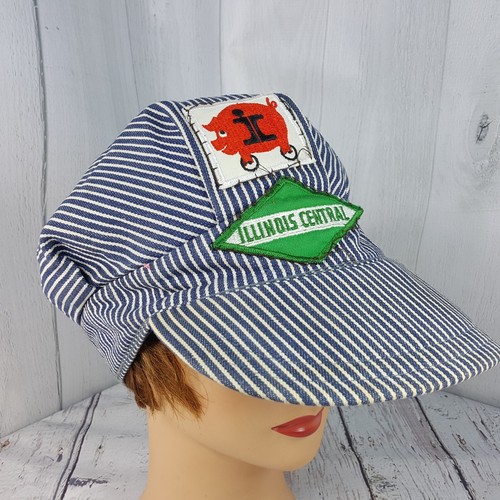 Vintage Illinois Central Railroad Engineer Striped Fitted Cap Hat Pig Logo IC