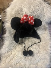 Disney Parks Minnie Mouse Plush Hoodie Style Pom Pom Hat w/Ears  Polka Dot