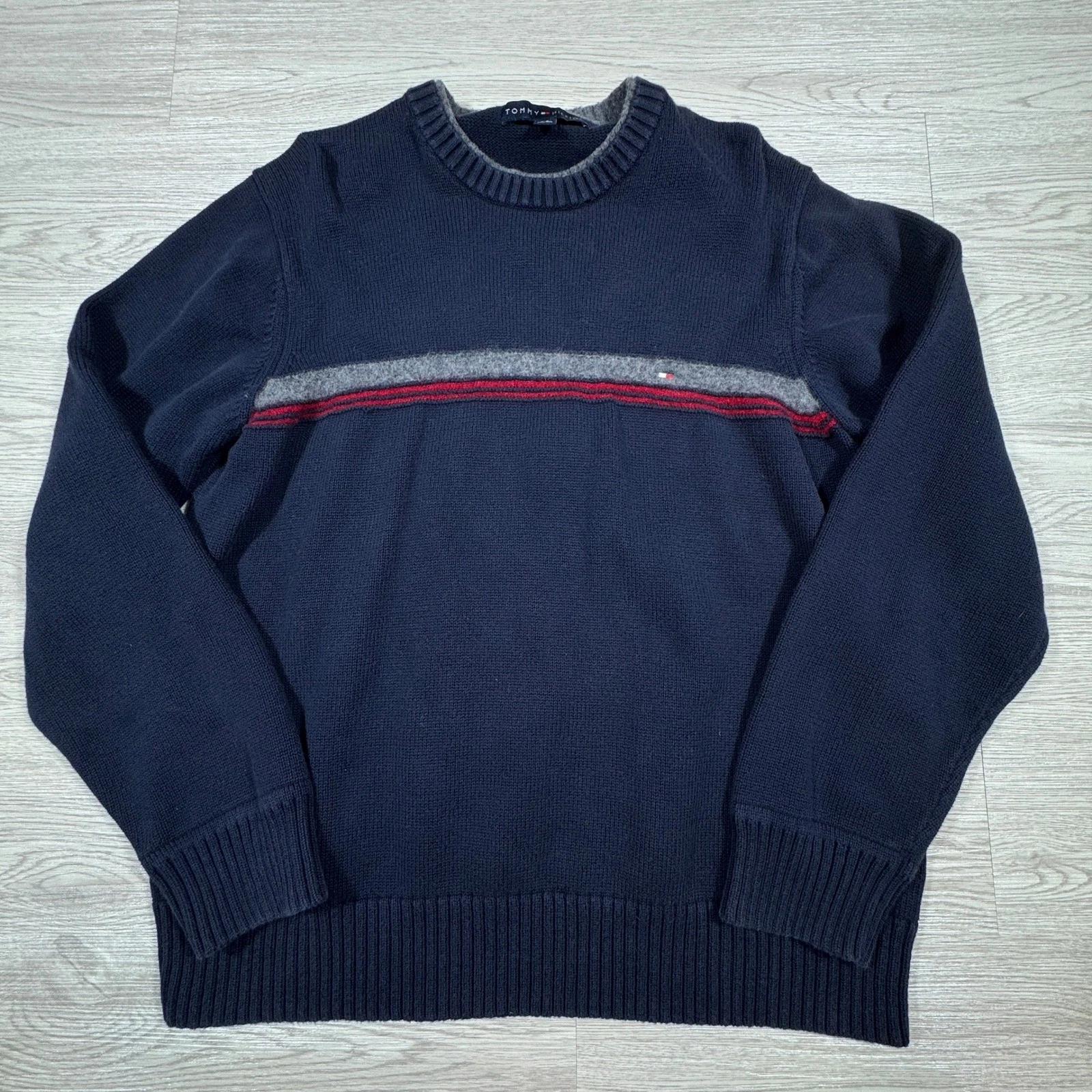 Tommy Hilfiger Mens Sweater Large Navy Blue Wool Blend Stripe Crewneck Pullover