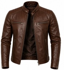 Giacca biker uomo marrone vera pelle cafe racer con zip