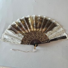 Vintage Plastic Lace Canvas Hand Fan Fold Up 1930-1940s Spain - Antique