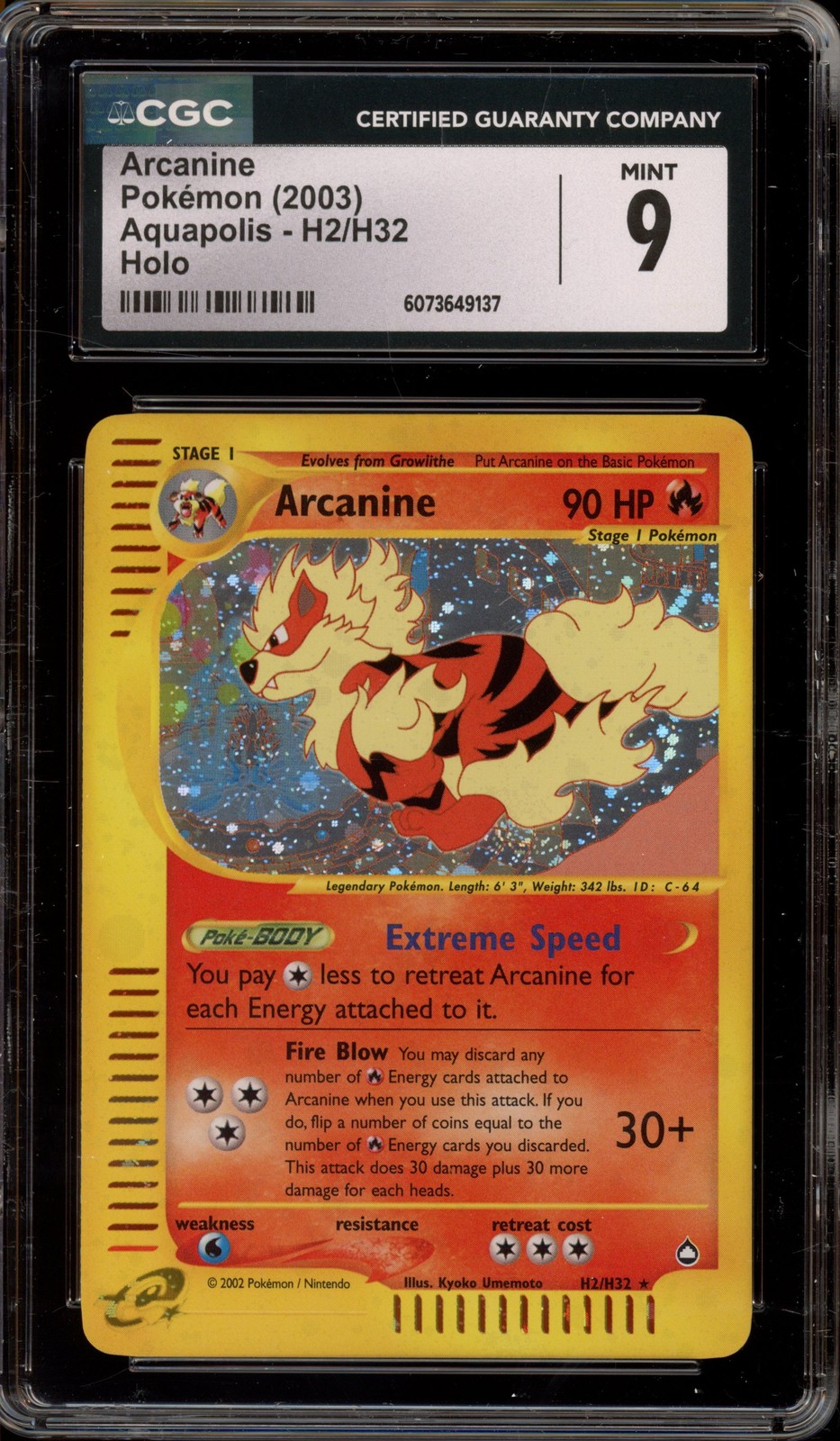 Pokemon Arcanine Aquapolis Holo Rare #H2 CGC 9 Mint