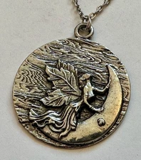 Fairy Angel on Crescent Moon n Sky Round pendant dark silver 1 7/8" necklace 24"