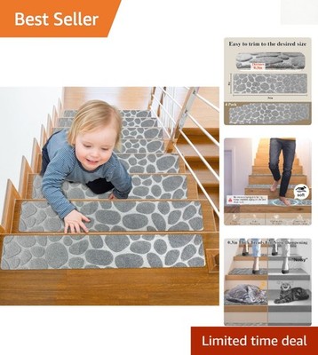 Stylish Machine Washable Stair Treads - No Slip, 30''x8'' - 4 Pack Stone Grey