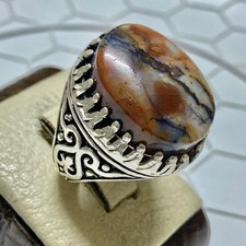 Natural Yemeni Aqeeq Stone Mens Sterling Silver Ring Islamic Style            
