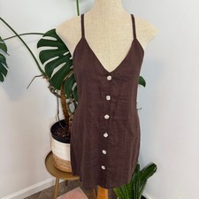 Reformation Brown Linen Button Front V Neck Sleeveless Mini Dress Size S