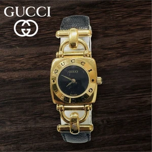 Gucci 6300L Analogique Quartz Femme Cadran Noir Batterie Remplacée Véritable Ceinture Spécifi