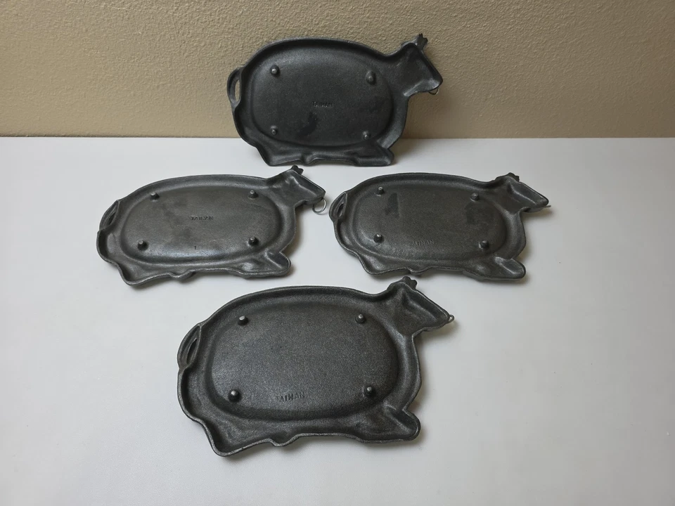 4 platos de carne Fajita de hierro fundido con forma de vaca con cargadores de madera de colección Taiwán Foto 3 de 4