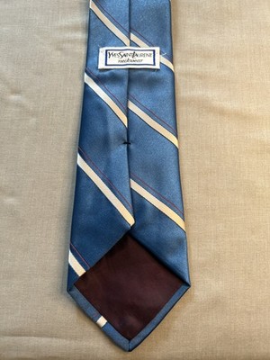 Yves Saint Laurent Rive Gauche Sky Blue Cream Red Stripe Silk Tie France