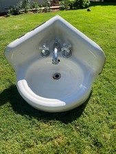 Antique Vtg 1930s Cast Iron Porcelain Bath Corner sink faucet 16" X 16" X 10"