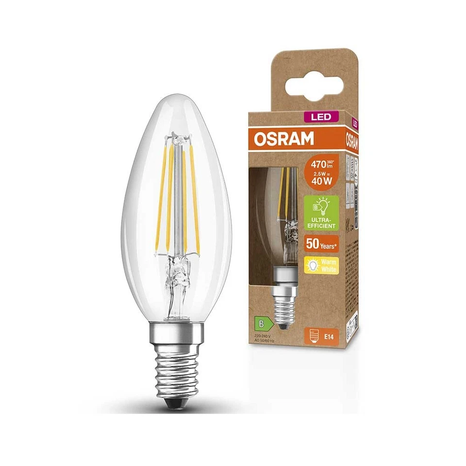 6 x Osram LED Filament Kerzen 2,5W = 40W E14 klar Warmweiß 2700K ultra effizient - Bild 2 von 4