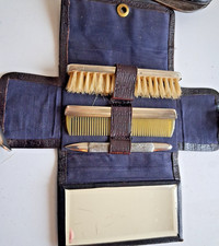 Peigne et brosse à moustache Argent poinçon + miroir Nécessaire Voyage étui cuir