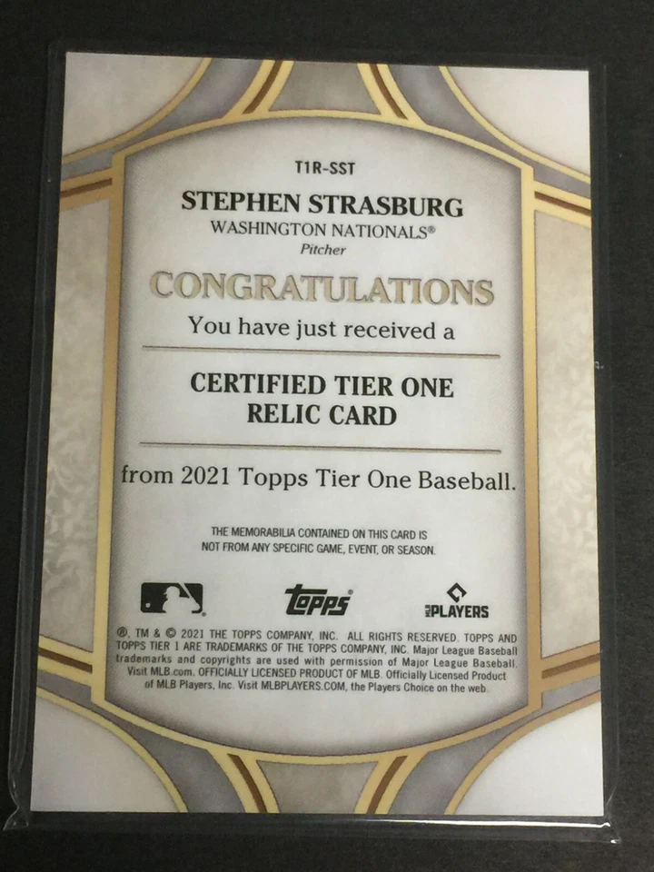 2021 BASEBALL CARD TOPPS TIER ONE #T1R-SST STEPHEN STRASBUR JERSEY 299 FREE S &H - Image 2 of 2