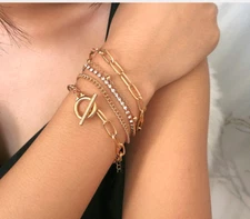 GOLD CHAIN TOGGLE BRACELET LAYERS CHUNKY BOLD LINK CZ  + Pouch