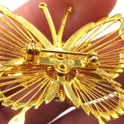 Monet Gold Wire Butterfly Brooch Rhinestone Vintage 1960s Signed Book Piece - Picture 7 of 8