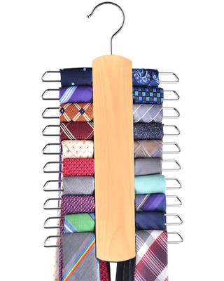 Wood Tie Rack Holder Necktie and Belt Hanger with 20 Non-Slip Clips