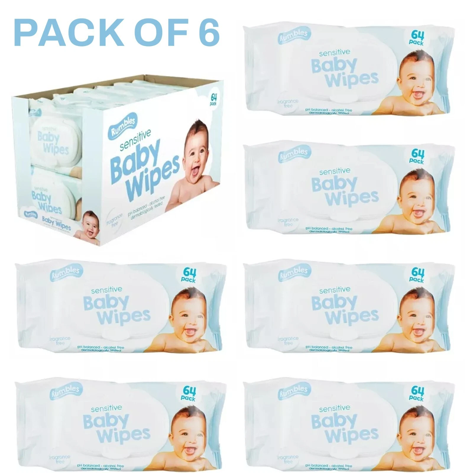 Pack of 6 Sensitive Baby Wipes - 384 Soft Wipes for Gentle Skin Care