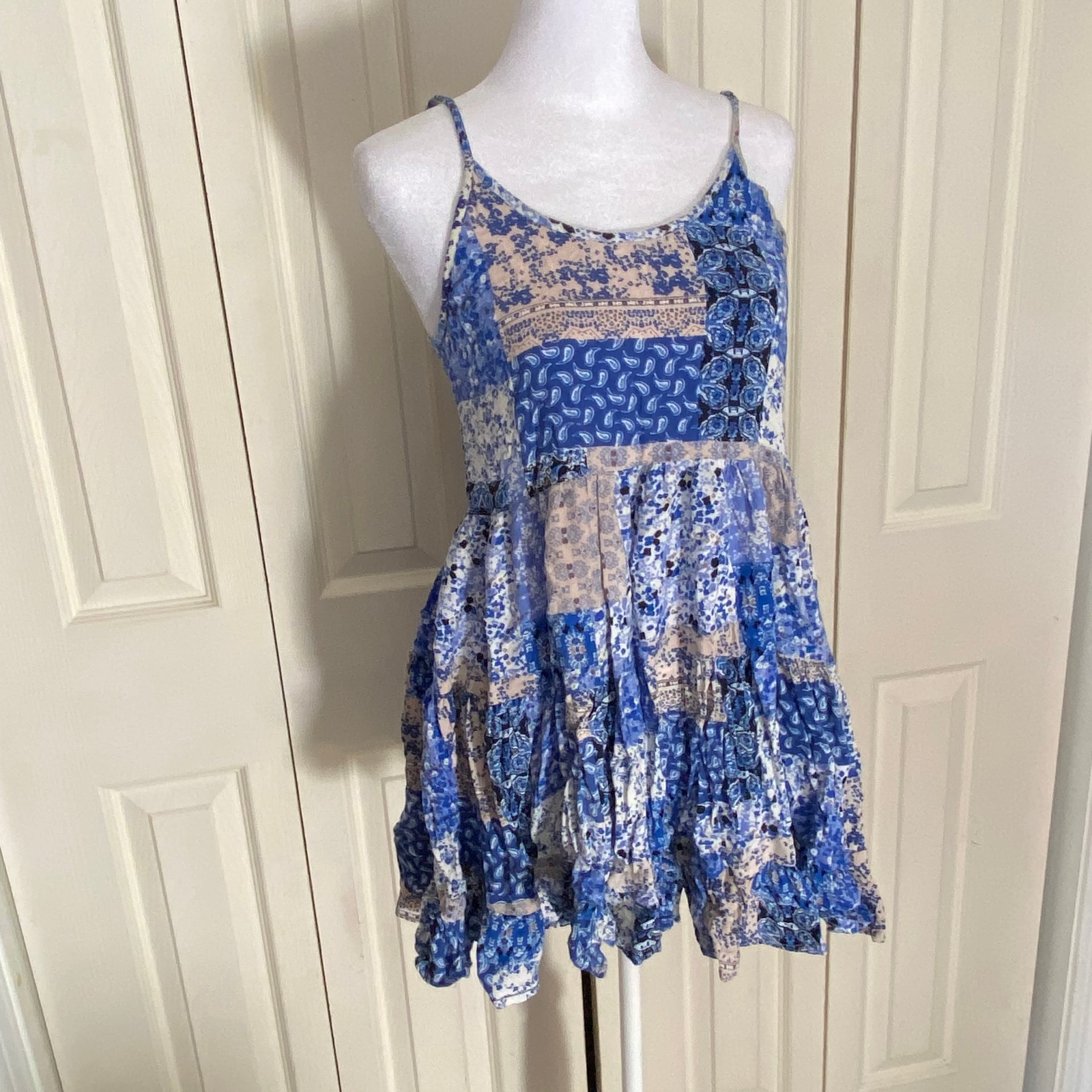 Blue Patchwork Spaghetti Strap Dress - image 1