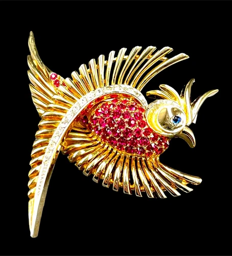 EXQUISITE MARCEL BOUCHER GOLD PLATED RUBY RED RHINESTONE SWIRL DECO BIRD BROOCH