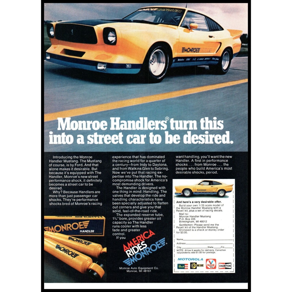 1978 Monroe Handlers Shock Vintage Print Ad Yellow Handler Mustang