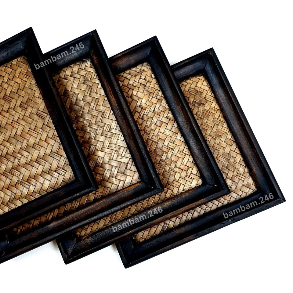 Set of 4 Vintage Wooden Trays Serving Tray 8"x8" Coffee Tray Tea Tray Breakfast - Image 3 of 4