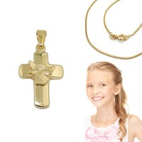 Echt Gold 585 Kinder Taufe Kommunion Kreuz AnhäNger Herz Engel Mit Silber Kette